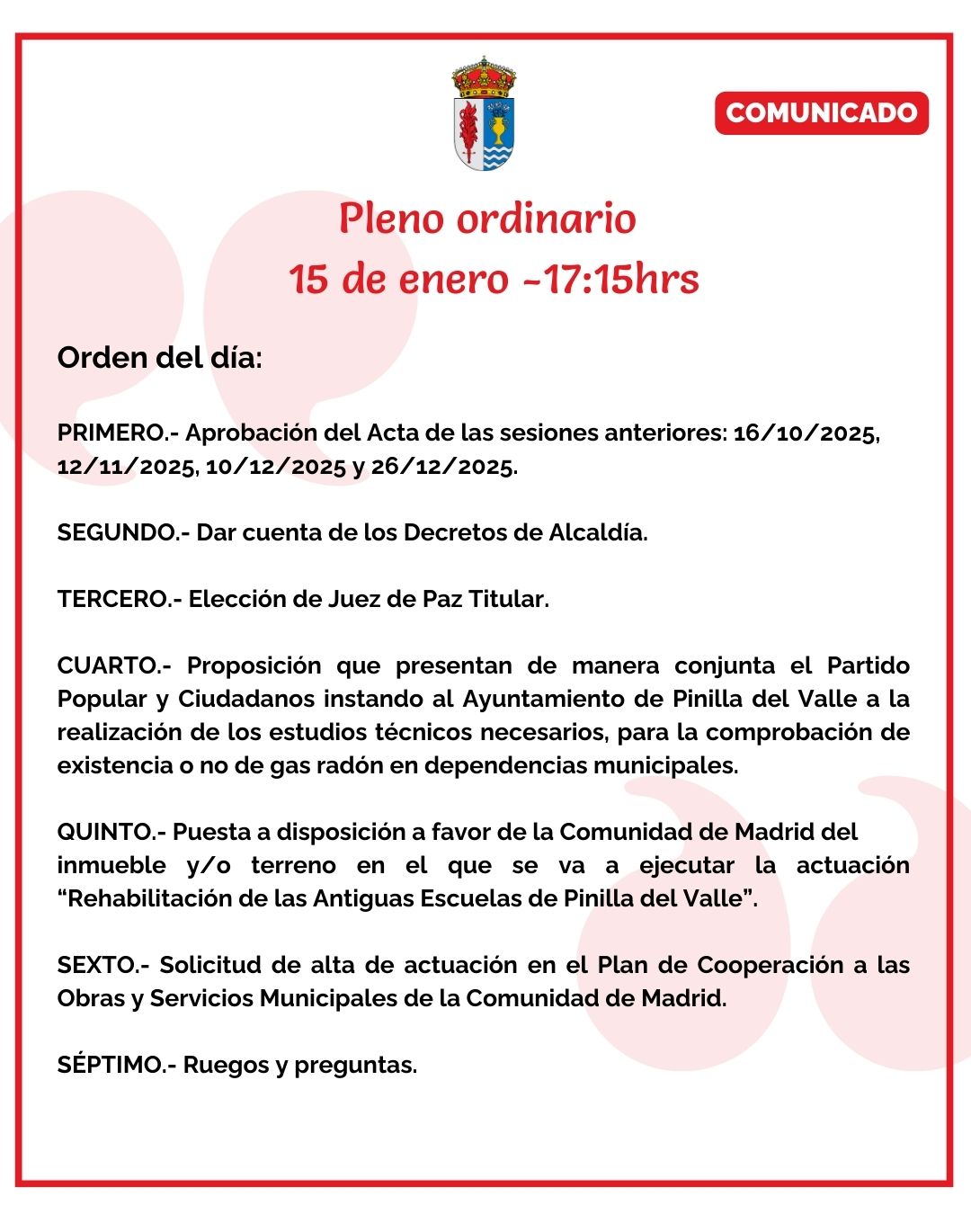 Pleno ordinario – 15 de enero 17:15hrs