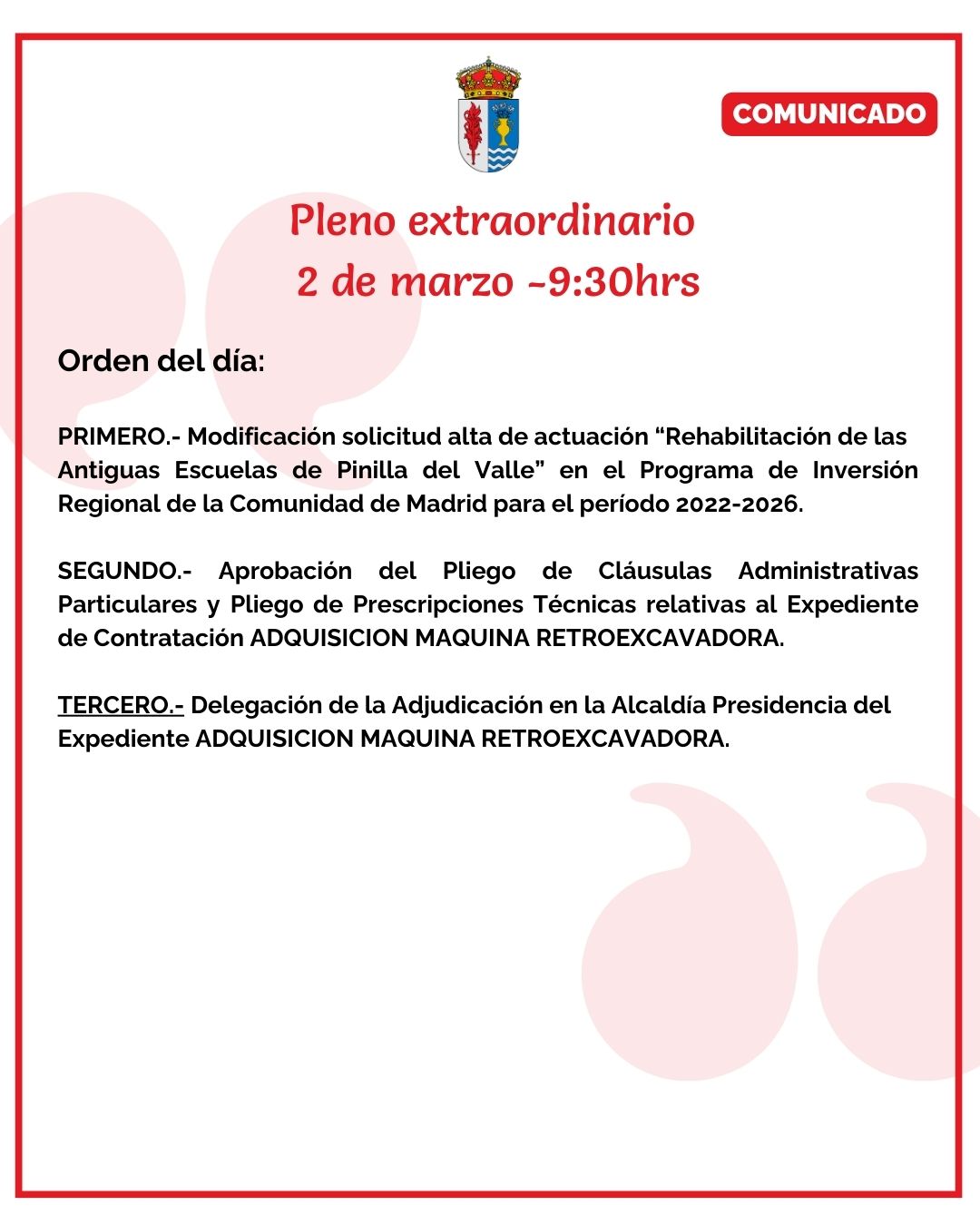 Pleno extraordinario – 2 de marzo 9:30hrs