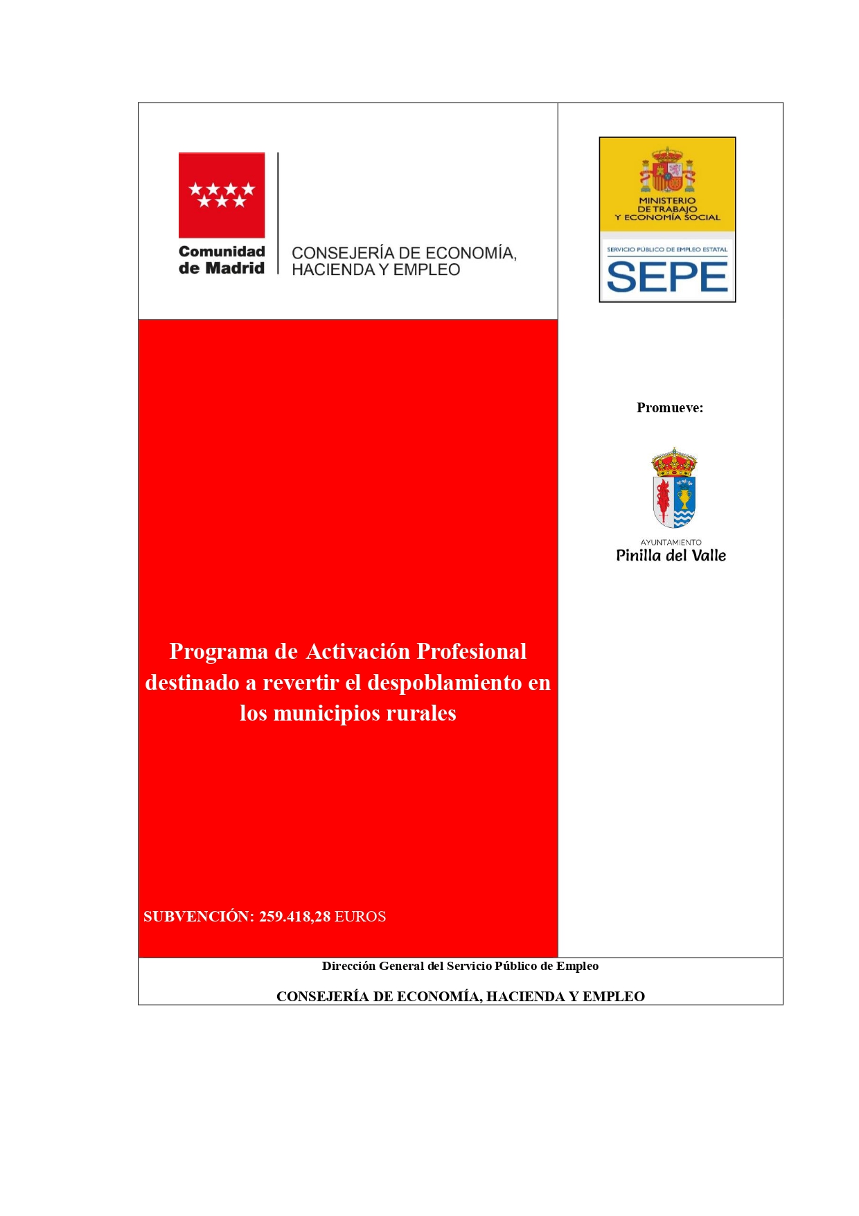 Programa de Activación Profesional  destinado  a revertir el despoblamiento en los municipios rurales- Consejería de Economía, Hacienda y Empleo