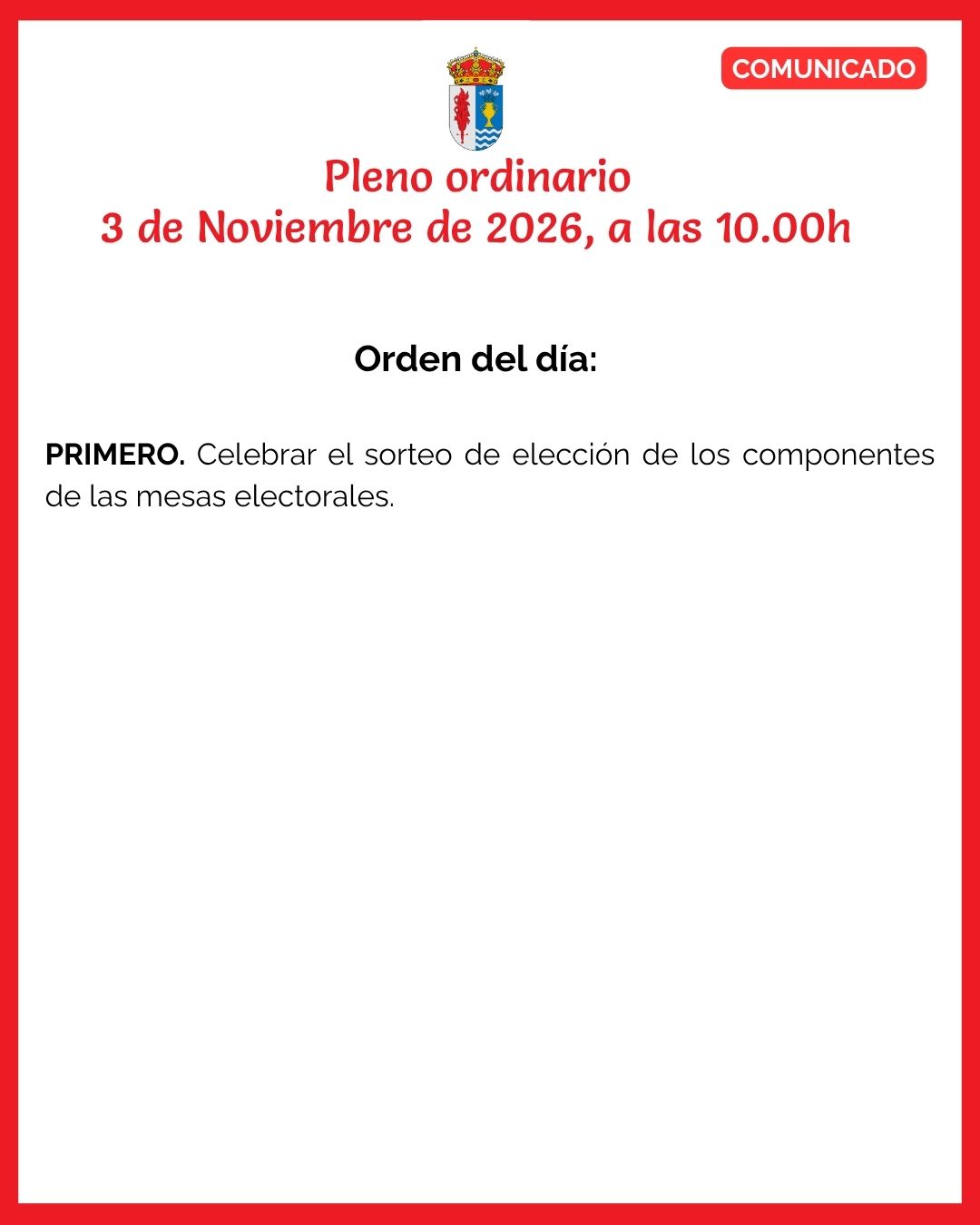 PLENO EXTRAORDINARIO- 3 de Noviembre , a las 10.00h