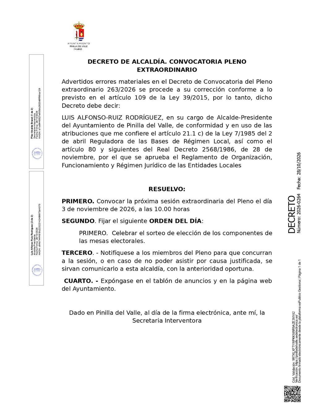 PLENO EXTRAORDINARIO 3 DE NOVIEMBRE DE 2026