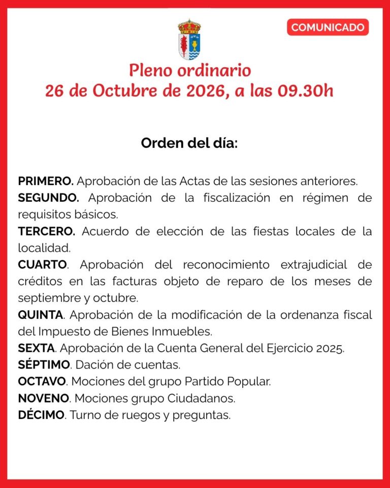 Pleno Ordinario – 26 de Octubre, a las 09.30h