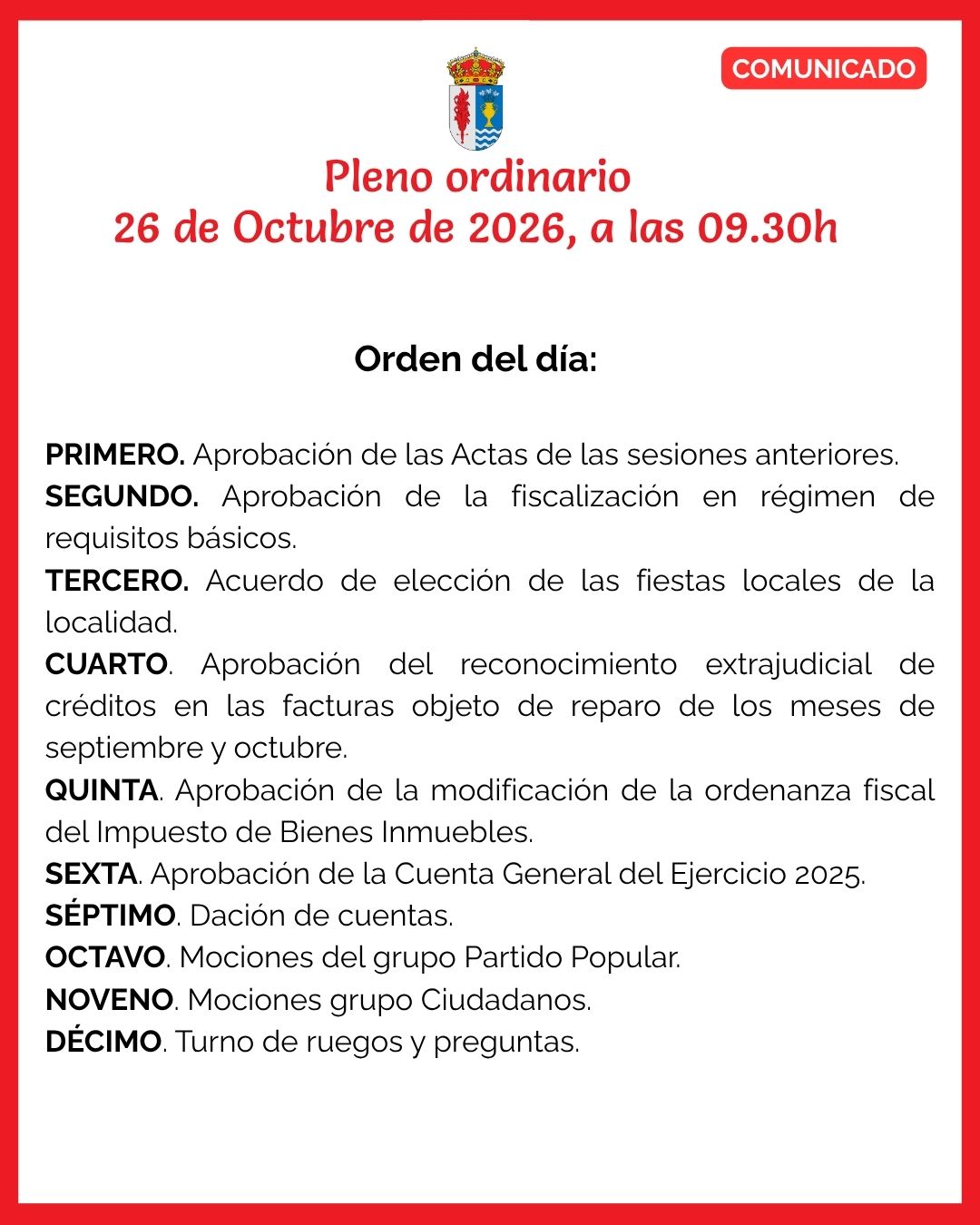 Pleno Ordinario – 26 de Octubre, a las 09.30h